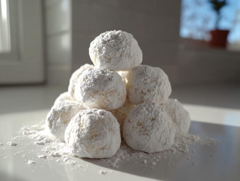A mound of soft, round 3-ingredient cool whip cookies heavily dusted with powdered sugar on a white plate.
