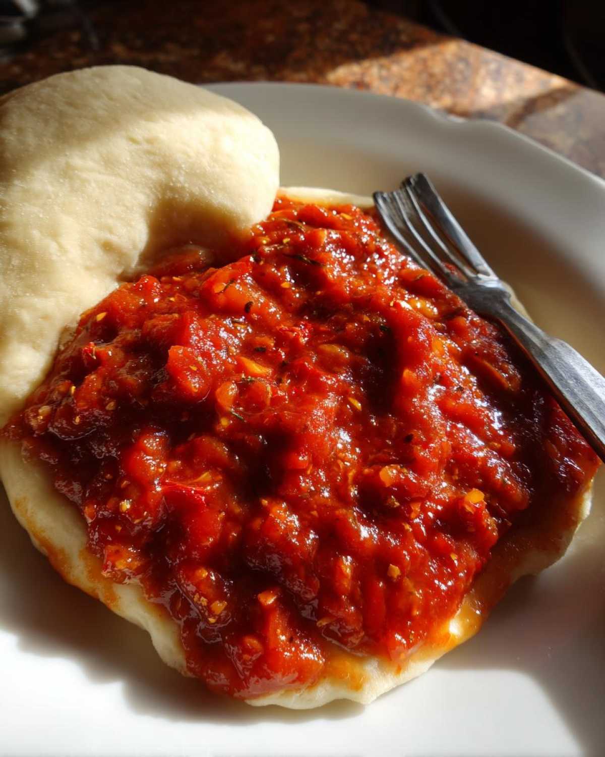 Close-up of thick, chunky red pizza sauce served over a piece of dough or bread on a white plate.