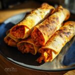 A stack of golden brown Air Fryer Crispy Buffalo Chicken Taquitos showing the shredded orange filling.