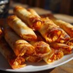 A pile of golden brown, crispy Air Fryer Crispy Buffalo Chicken Taquitos arranged on a white plate.