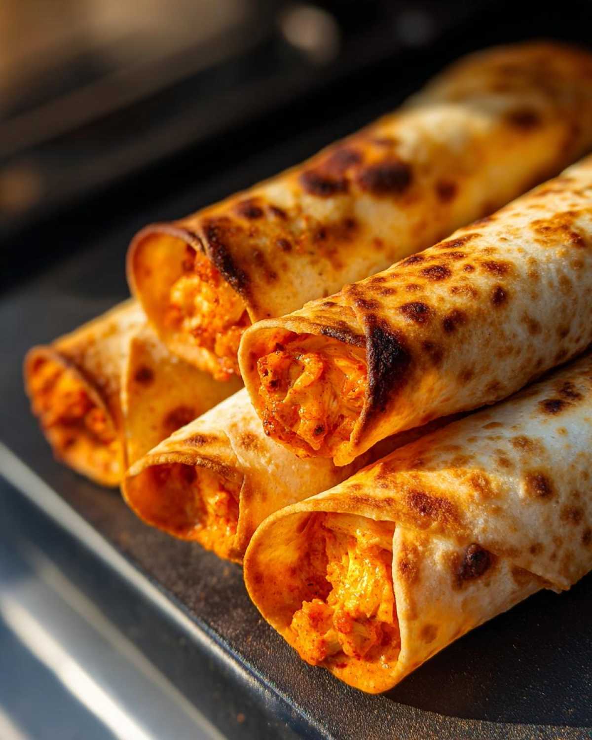 Close-up of several golden-brown Air Fryer Crispy Buffalo Chicken Taquitos stacked on a dark surface.
