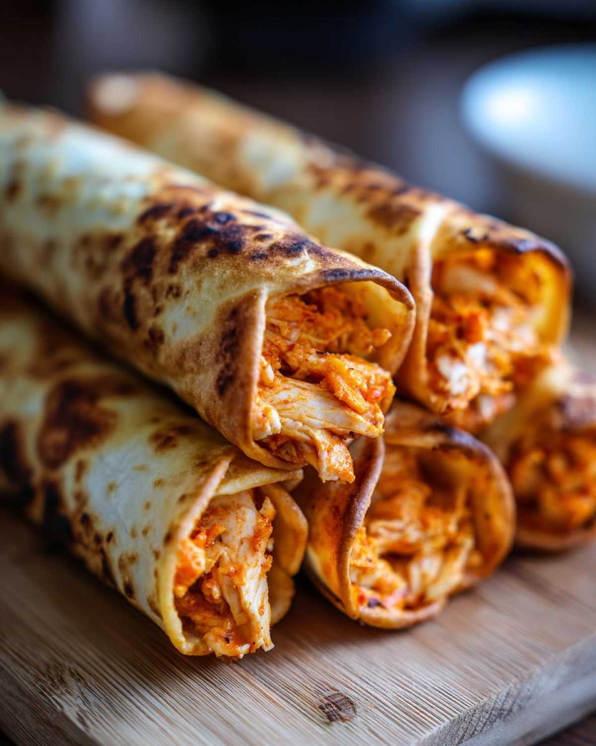 Close-up of several crispy Air Fryer Buffalo Chicken Taquitos stacked on a wooden board.