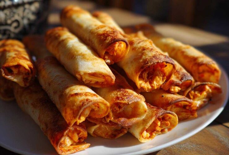 A pile of golden brown, crispy Air Fryer Crispy Buffalo Chicken Taquitos arranged on a white plate.