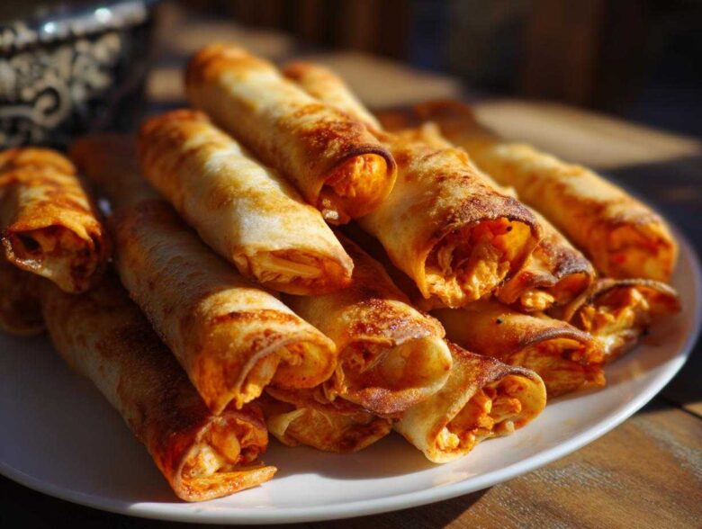 A pile of golden brown, crispy Air Fryer Crispy Buffalo Chicken Taquitos arranged on a white plate.