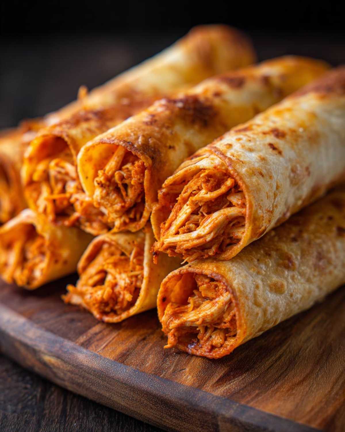 Close-up of several crispy Air Fryer Buffalo Chicken Taquitos stacked on a dark wooden cutting board.
