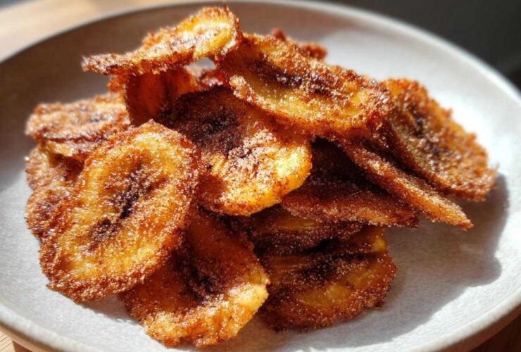 A close-up of crispy Air Fryer Crispy Cinnamon Sugar Banana Chips piled on a light gray plate.