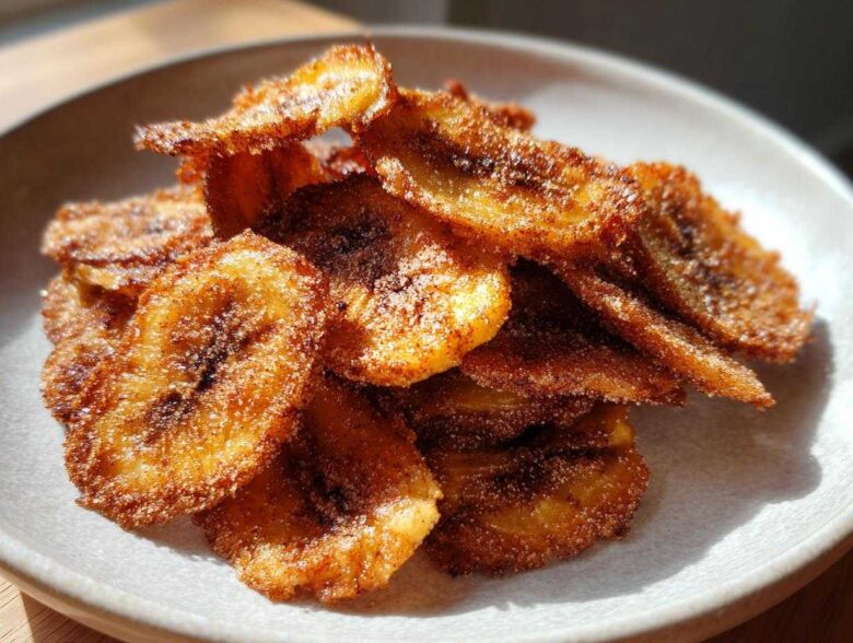 A close-up of crispy Air Fryer Crispy Cinnamon Sugar Banana Chips piled on a light gray plate.