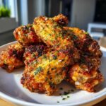 A close-up of crispy Air Fryer Crispy Garlic Parmesan Chicken Wings piled high on a white plate, glistening with seasoning.