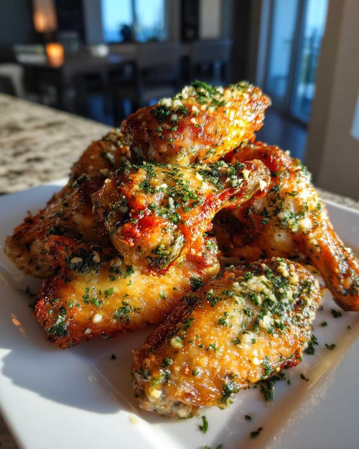 A pile of golden brown Air Fryer Crispy Garlic Parmesan Chicken Wings generously topped with minced garlic and parsley.