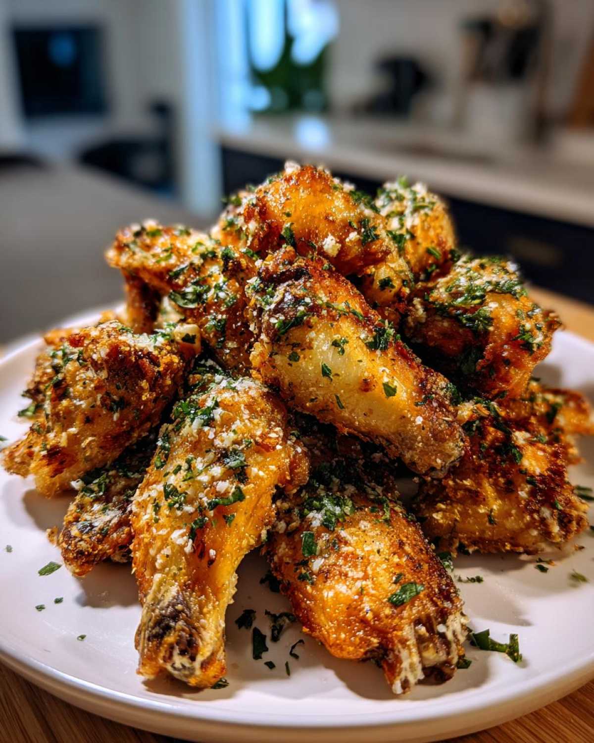 A mound of golden brown Air Fryer Crispy Garlic Parmesan Chicken Wings topped with grated cheese and parsley.