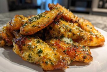 A close-up of golden brown Air Fryer Crispy Garlic Parmesan Chicken Wings piled high on a white plate.