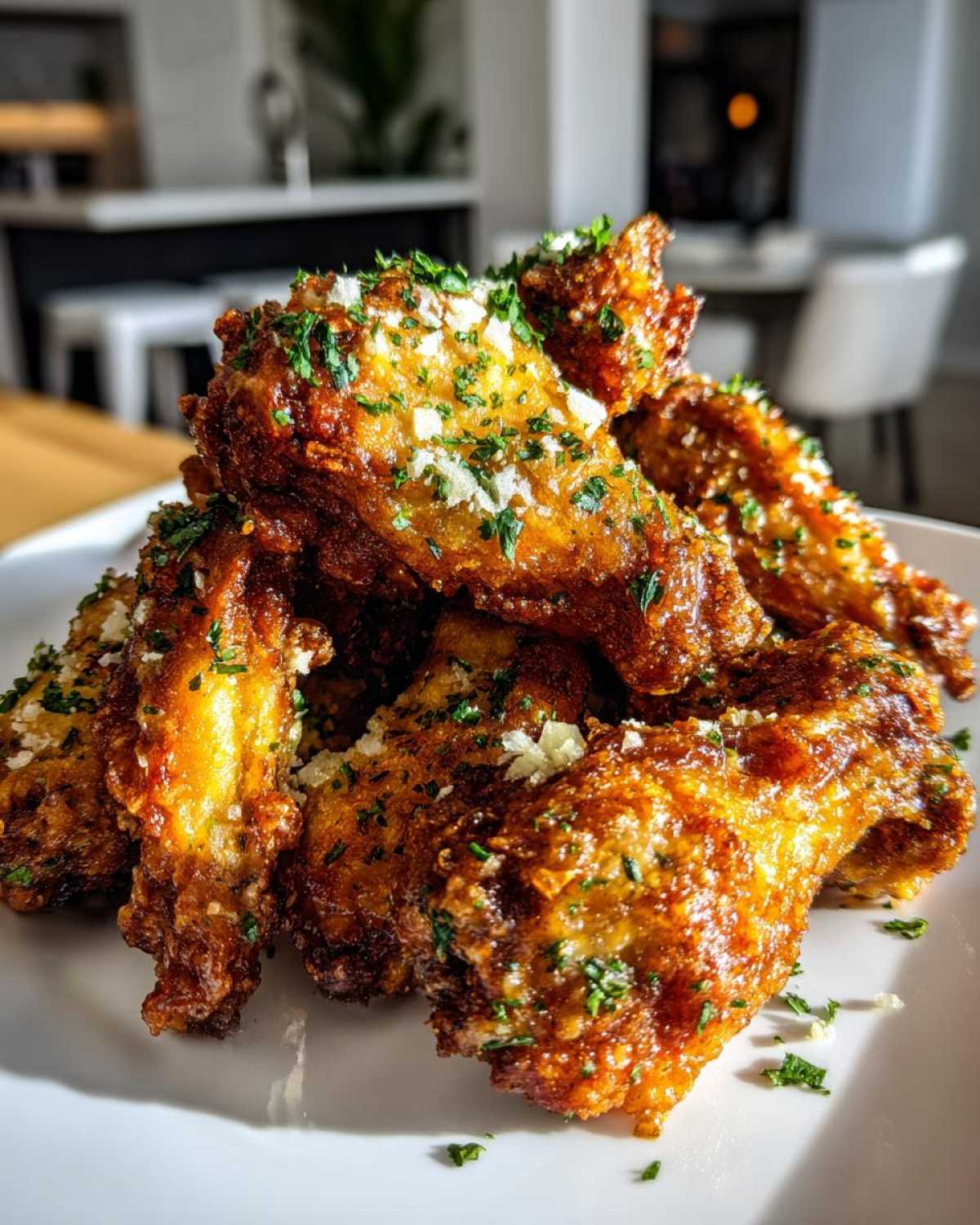 A pile of golden brown Air Fryer Crispy Garlic Parmesan Chicken Wings topped with grated cheese and parsley.