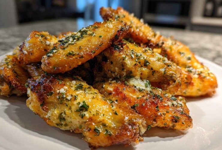 A close-up of golden brown Air Fryer Crispy Garlic Parmesan Chicken Wings piled high on a white plate.