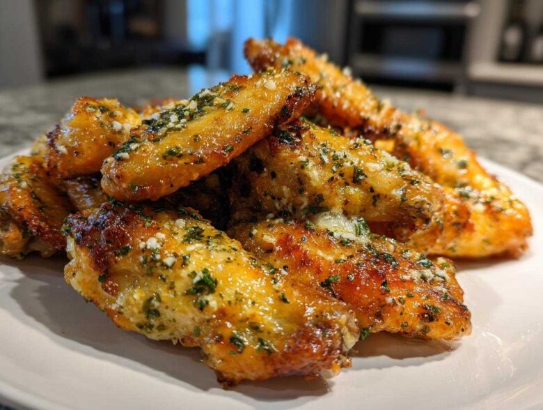 A close-up of golden brown Air Fryer Crispy Garlic Parmesan Chicken Wings piled high on a white plate.