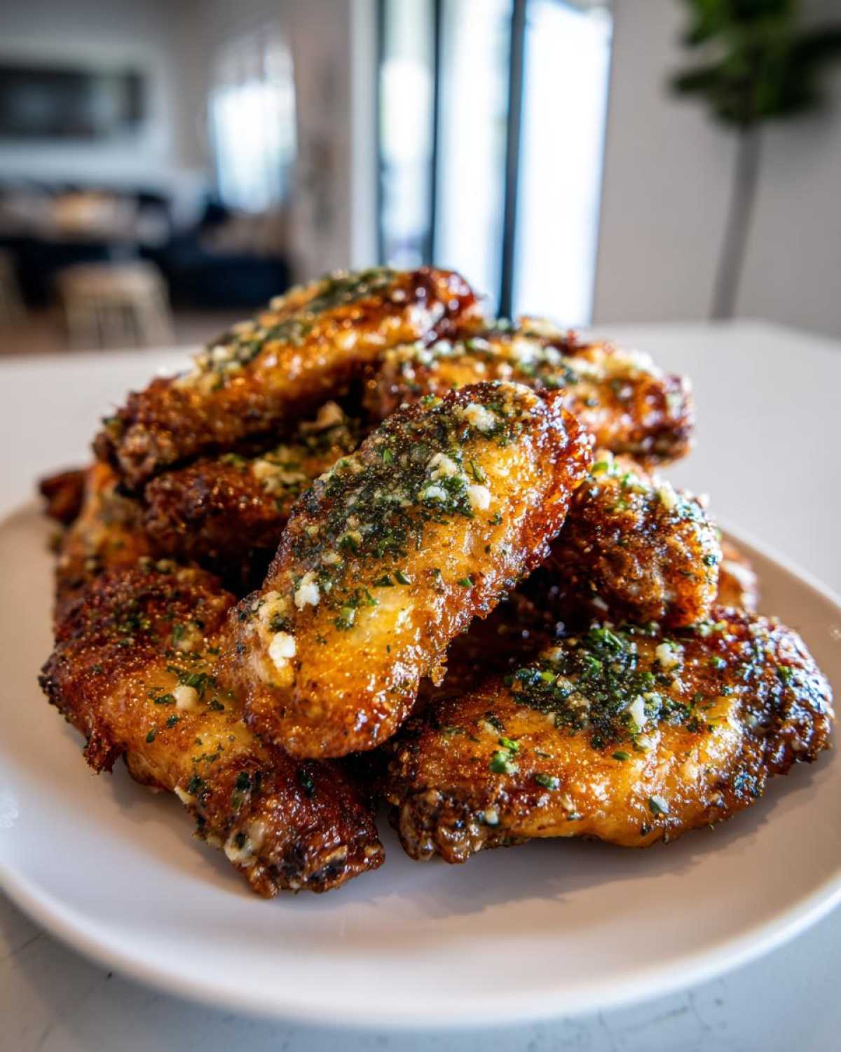 A pile of golden brown Air Fryer Crispy Garlic Parmesan Chicken Wings topped with herbs and cheese.