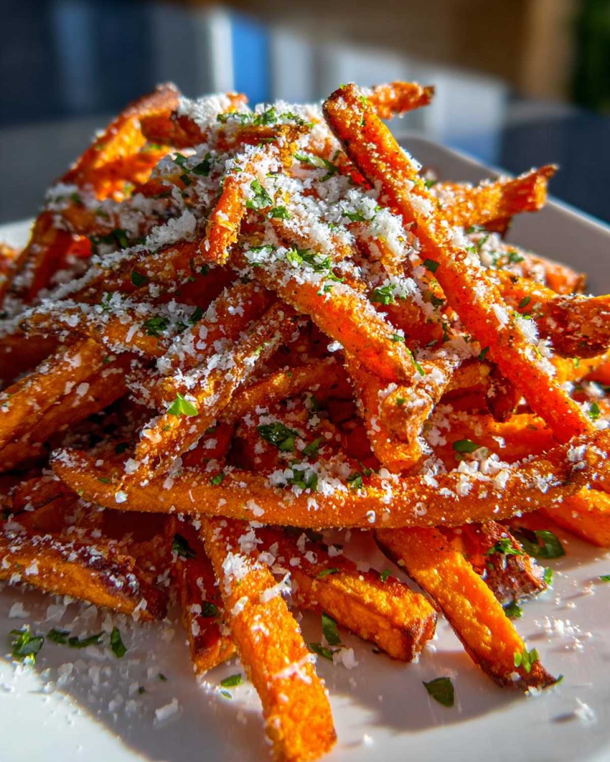 Close-up of crispy Air Fryer Garlic Parmesan Sweet Potato Fries piled high and topped with grated cheese and parsley.