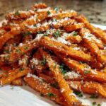 A close-up of crispy Air Fryer Garlic Parmesan Sweet Potato Fries piled high and topped with grated cheese.