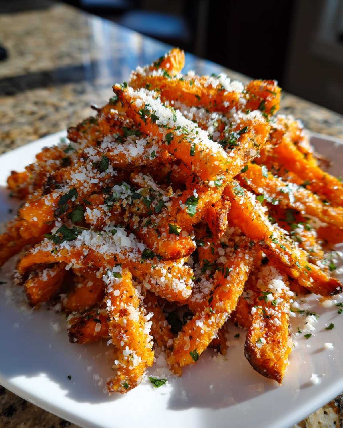 A mound of crispy Air Fryer Garlic Parmesan Sweet Potato Fries topped with grated cheese and parsley.