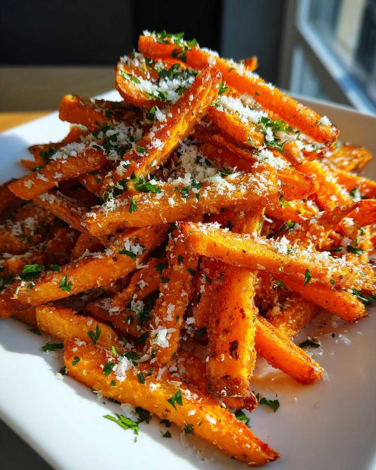 A tall pile of crispy Air Fryer Garlic Parmesan Sweet Potato Fries topped with grated cheese and parsley.