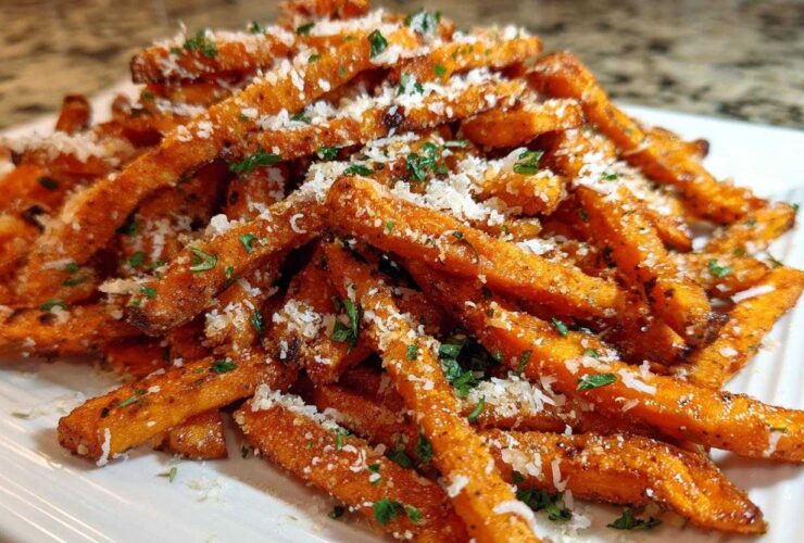 A close-up of crispy Air Fryer Garlic Parmesan Sweet Potato Fries piled high and topped with grated cheese.