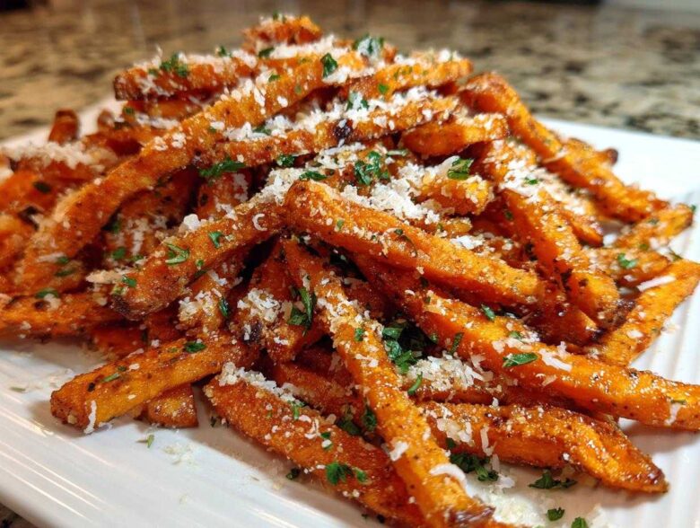 A close-up of crispy Air Fryer Garlic Parmesan Sweet Potato Fries piled high and topped with grated cheese.