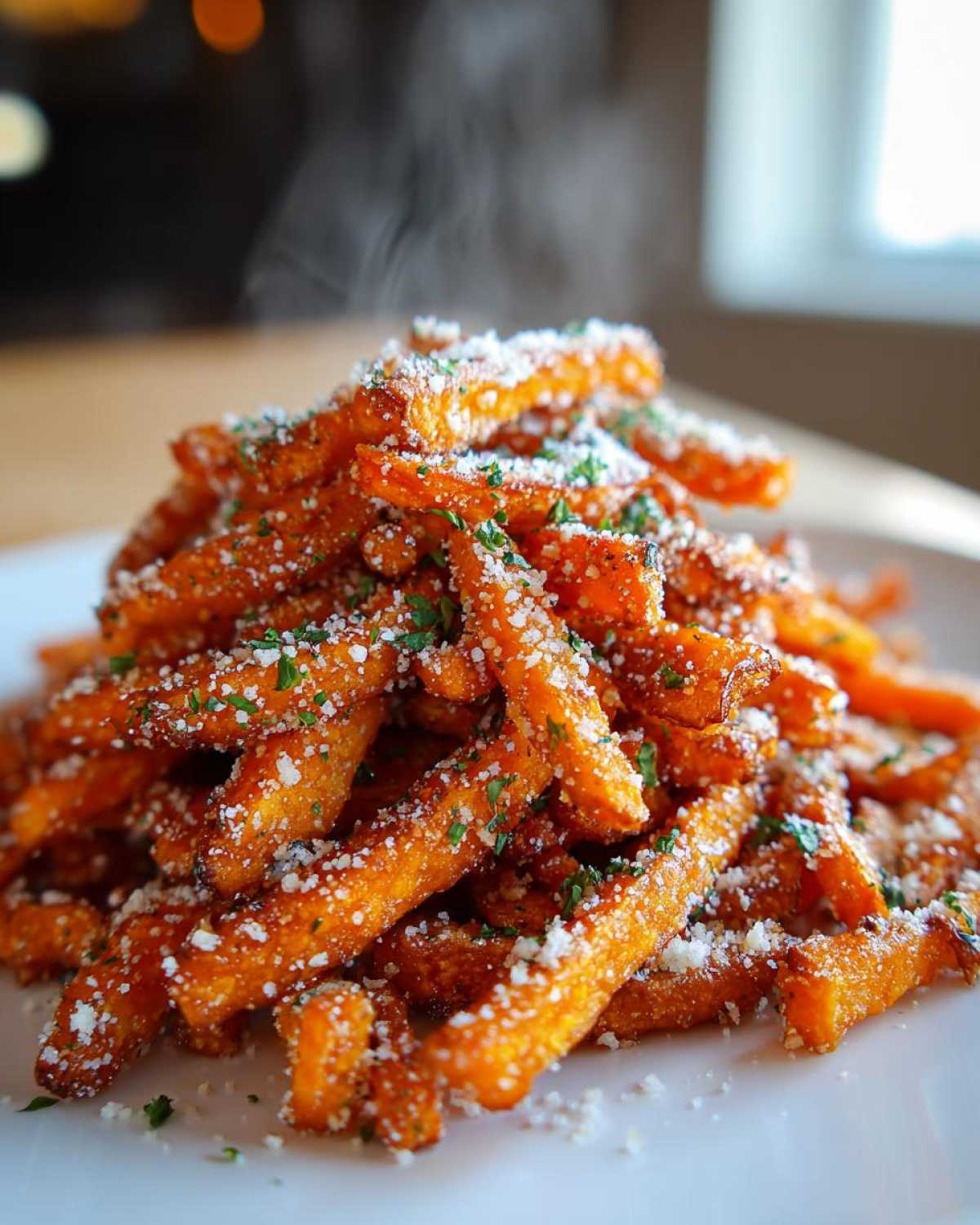 A tall pile of hot, steaming Air Fryer Garlic Parmesan Sweet Potato Fries topped with grated cheese and parsley.
