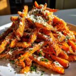 A large pile of crispy Air Fryer Garlic Parmesan Sweet Potato Fries topped with grated cheese and parsley.