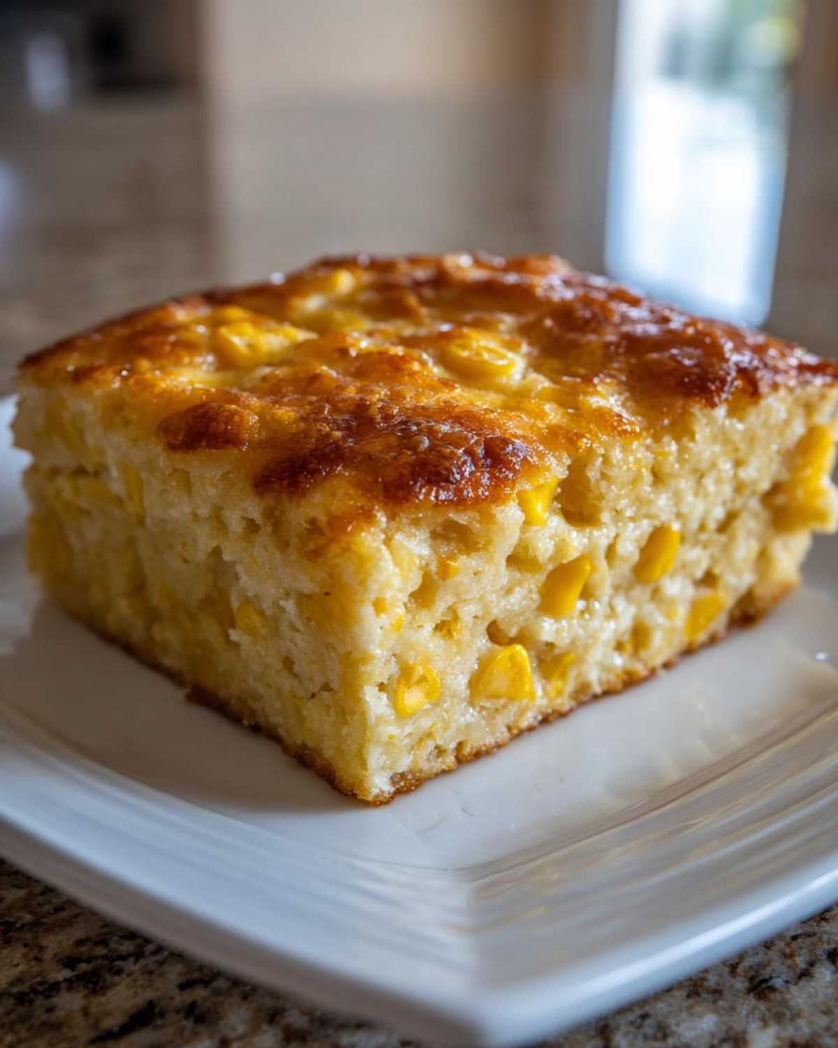 A golden-brown square slice of moist corn casserole loaded with whole corn kernels.