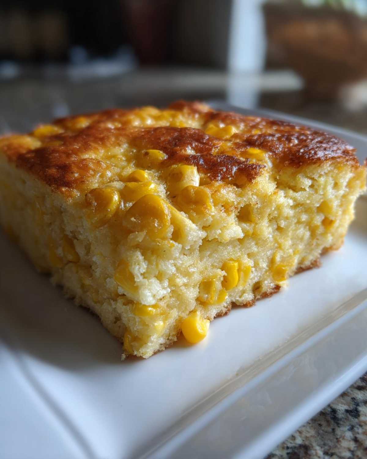 Close-up of a moist slice of baked corn casserole, featuring visible kernels of corn.