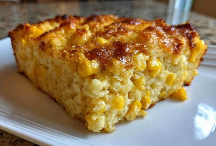 Close-up of a golden-brown slice of moist corn casserole filled with bright yellow corn kernels.
