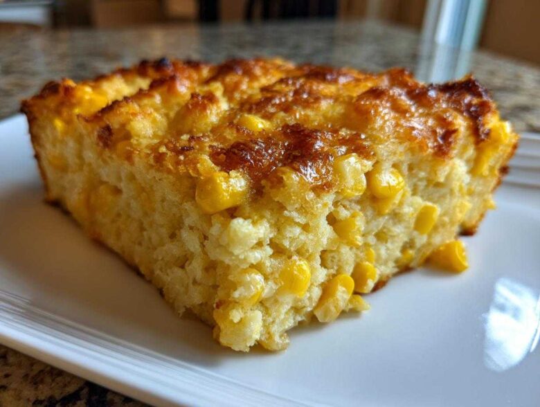 Close-up of a golden-brown slice of moist corn casserole filled with bright yellow corn kernels.