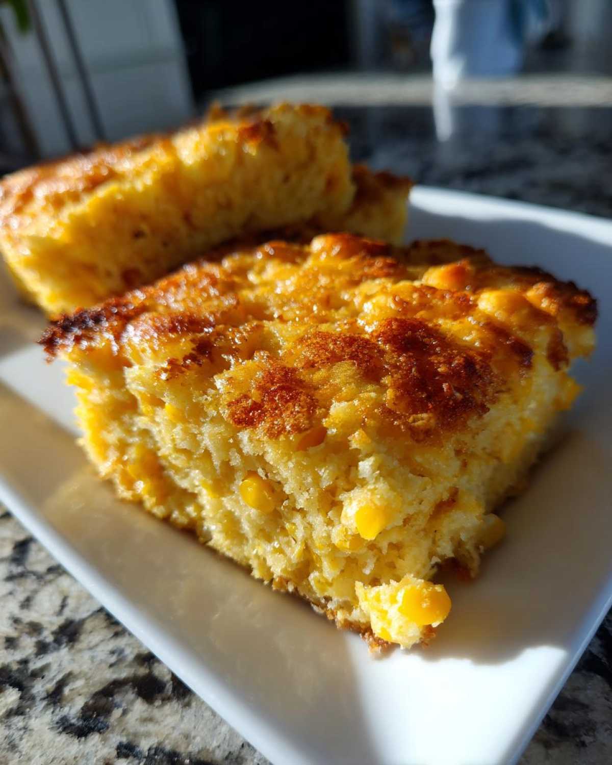 Close-up of golden-brown slices of moist corn casserole showing whole corn kernels.