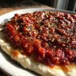 A close-up of thick, vibrant red pizza sauce seasoned with herbs and seeds spread over raw pizza dough.