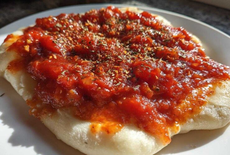 Close-up of thick, rich pizza sauce topped with dried herbs spread over a piece of uncooked or lightly baked dough.