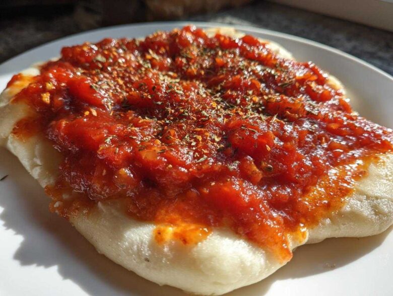 Close-up of thick, rich pizza sauce topped with dried herbs spread over a piece of uncooked or lightly baked dough.