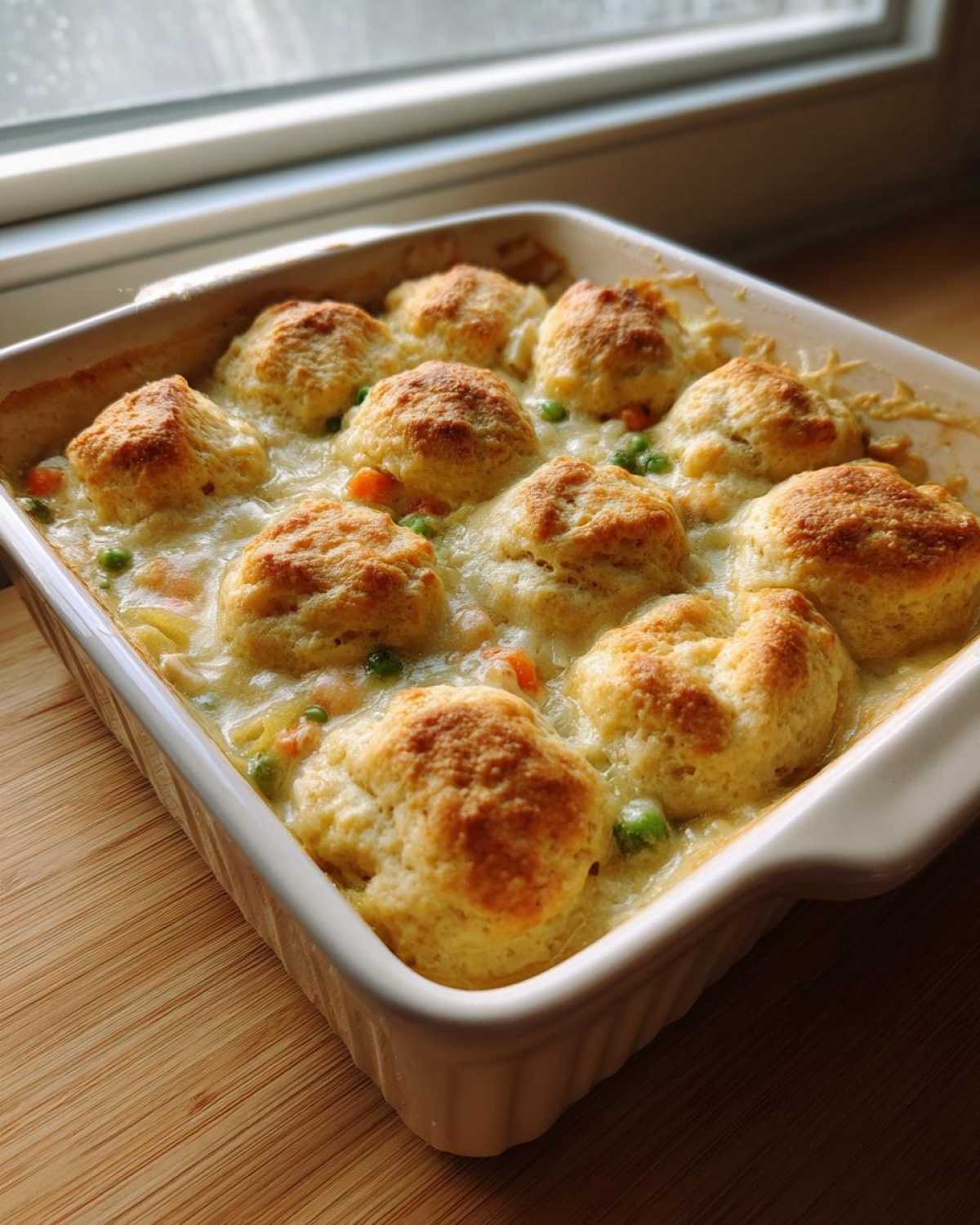 A white baking dish filled with bubbling chicken pot pie casserole topped with golden brown biscuits.