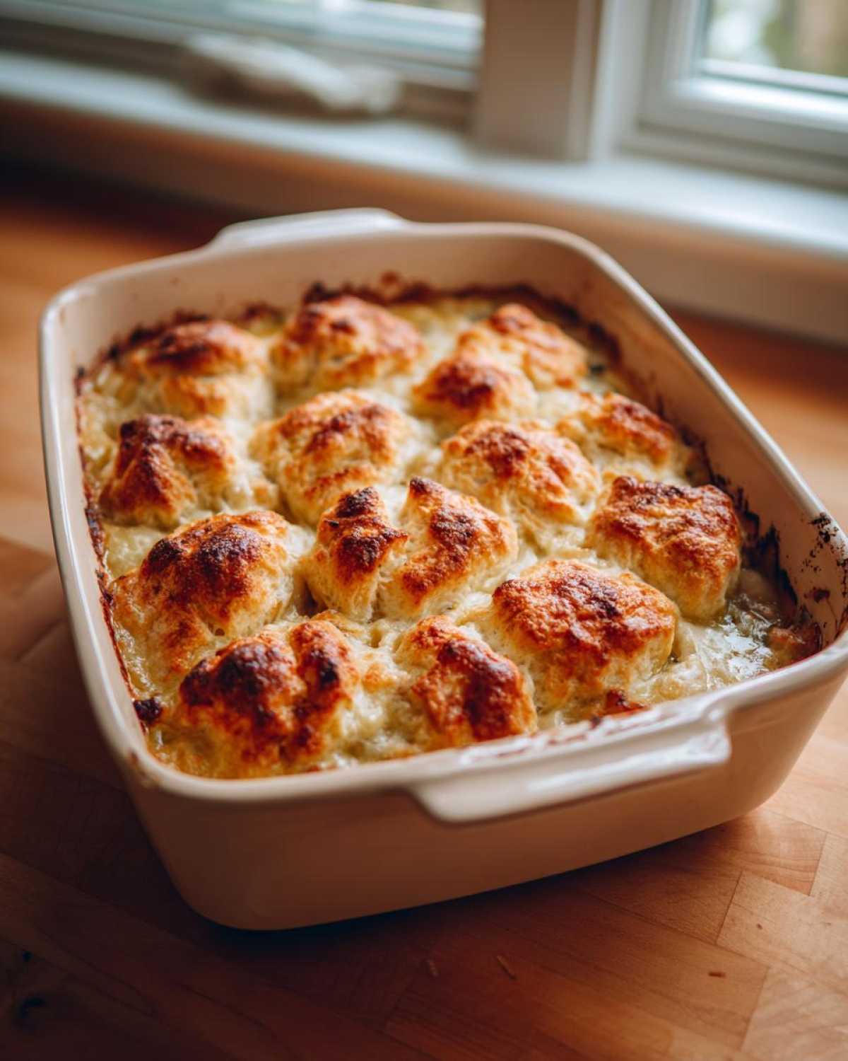 A creamy chicken pot pie casserole topped with golden-brown biscuits, fresh from the oven.