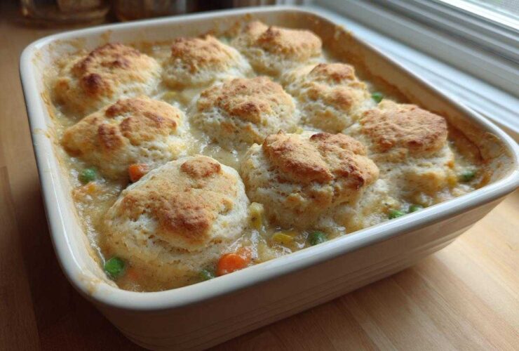 A square baking dish filled with bubbling chicken pot pie casserole topped with golden brown biscuits.