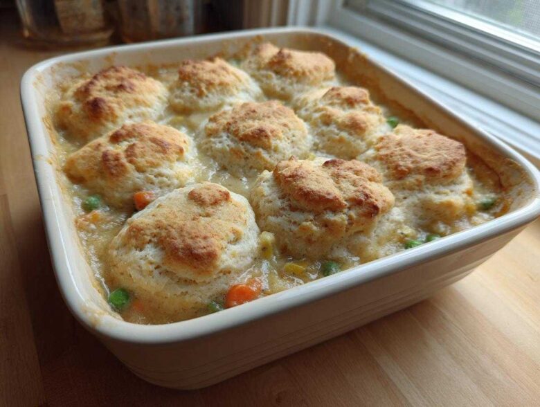 A square baking dish filled with bubbling chicken pot pie casserole topped with golden brown biscuits.