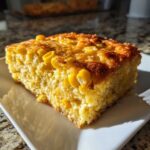 A close-up, sunlit slice of moist corn casserole featuring visible whole corn kernels.