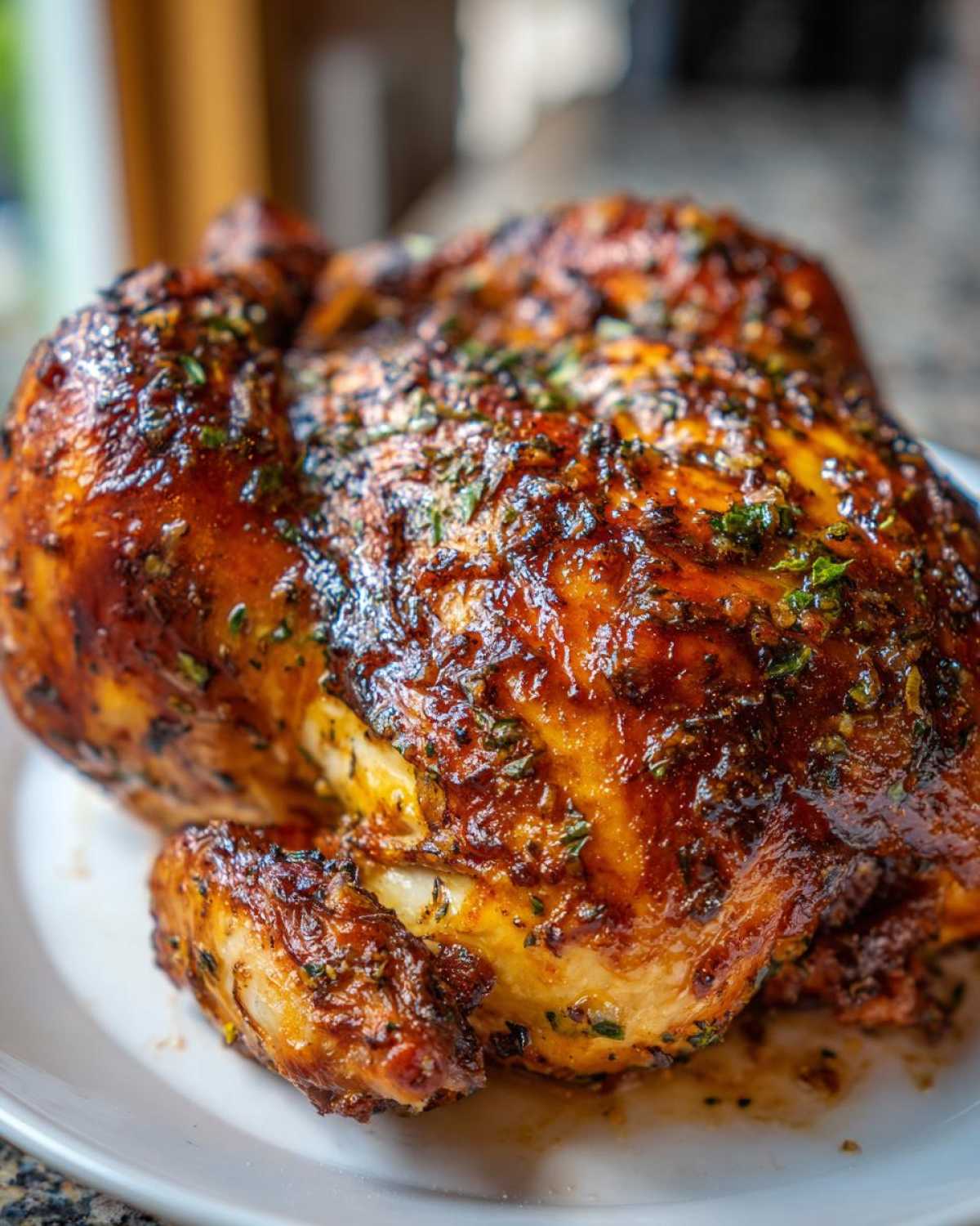 A beautifully roasted and glazed spatchcock chicken, seasoned with herbs, resting on a white plate.