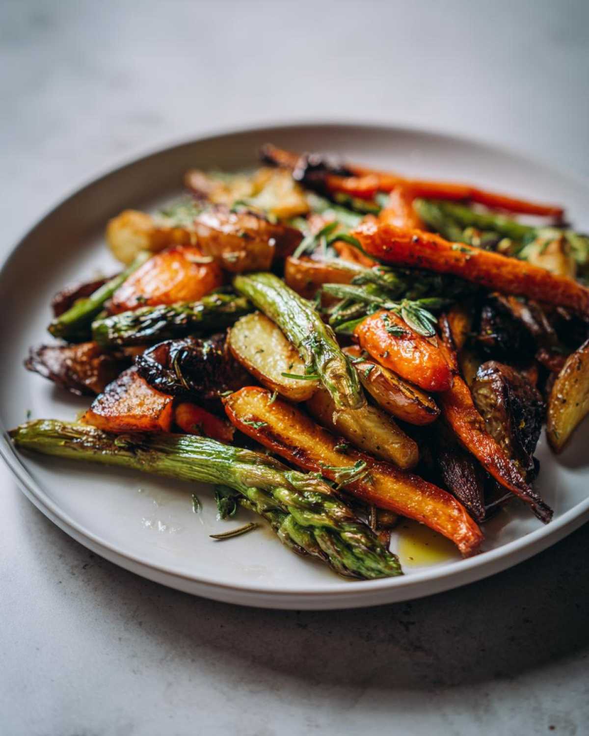 A close-up of perfectly browned roasted vegetables, including carrots, potatoes, and asparagus, seasoned with herbs.