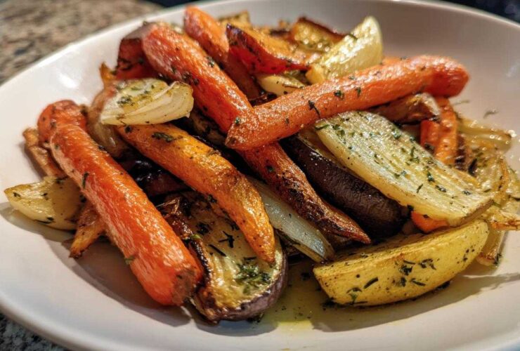 Close-up of perfectly caramelized roasted vegetables, including carrots and onions, seasoned with herbs.