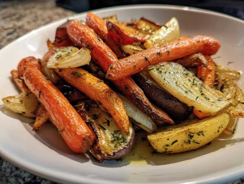 Close-up of perfectly caramelized roasted vegetables, including carrots and onions, seasoned with herbs.
