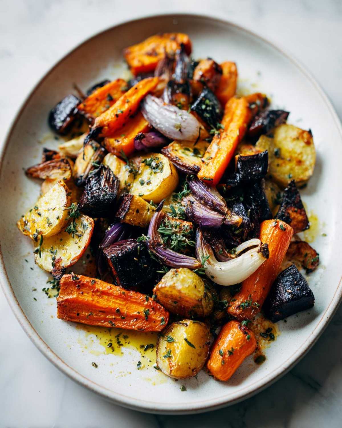 A white platter filled with beautifully caramelized roasted vegetables, including carrots, potatoes, and red onions, drizzled with oil and herbs.