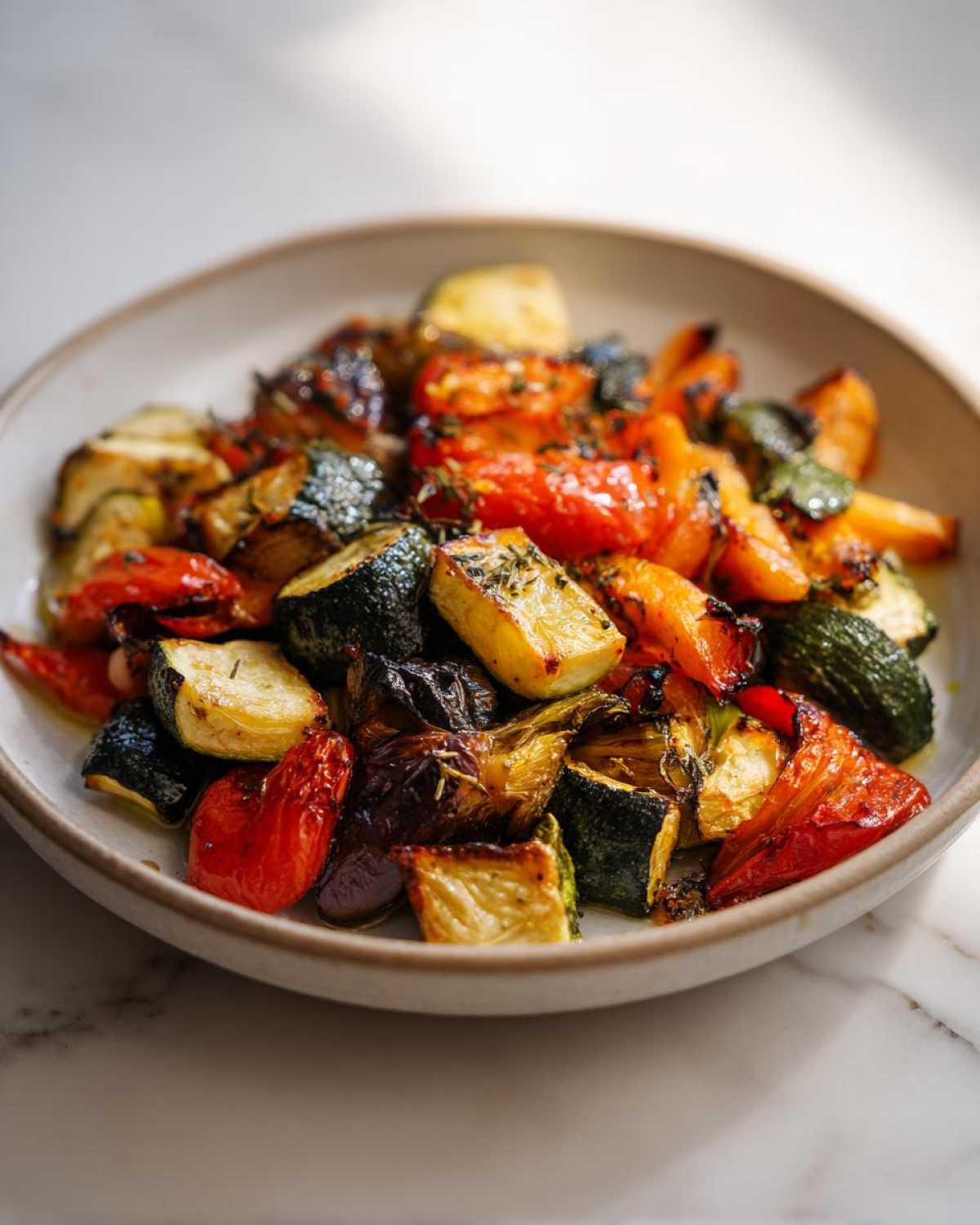 Close-up of vibrant, caramelized roasted vegetables including zucchini and tomatoes, seasoned and served in a light bowl.