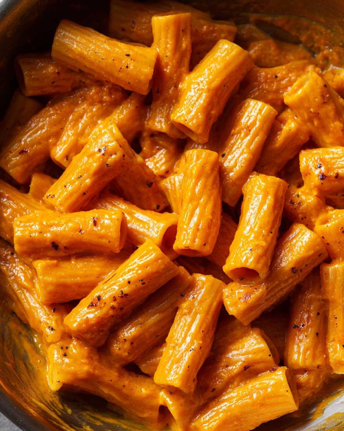 Close-up of rigatoni pasta generously coated in a vibrant orange butternut squash pasta sauce.