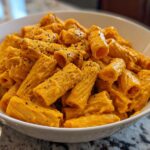 A white bowl filled with rigatoni pasta coated in a rich, orange butternut squash pasta sauce and sprinkled with black pepper.