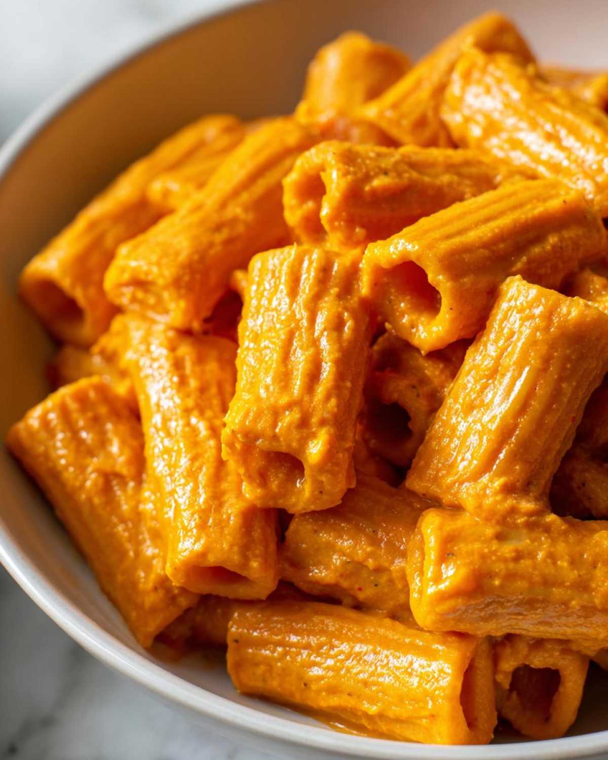 Close-up of rigatoni pasta coated thickly in vibrant orange butternut squash pasta sauce in a white bowl.