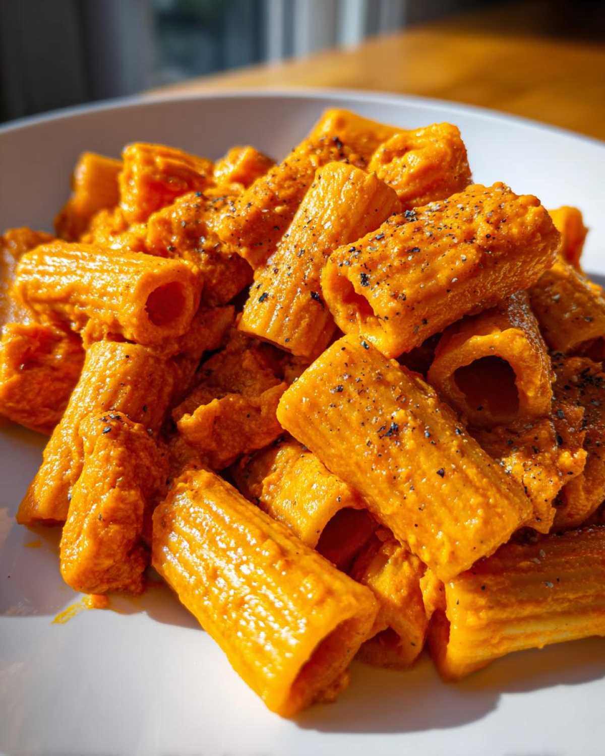 Close-up of rigatoni pasta coated in a creamy, orange butternut squash pasta sauce and topped with black pepper.